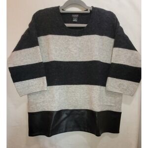Club‎ Monaco Sweater Women's Large Italian Wool Blend Black Gray Stripe Leather